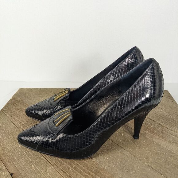 Vintage leather pumps, snakeskin heels, black vintage heels, 80s party shoes 6.5 - Picture 4 of 7